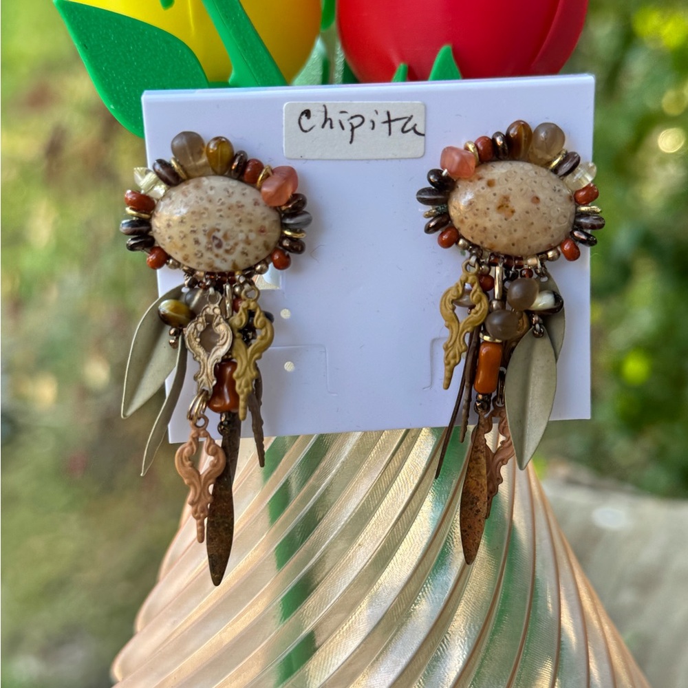 🌾 Vintage Chipita Bohemian Statement Clip-On Earrings – Earthy Tribal Elegance 🌾
